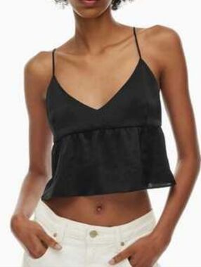 Aritzia Wilfred Lover Satin Camisole Cropped Ruffle Black Tank Top Size Medium